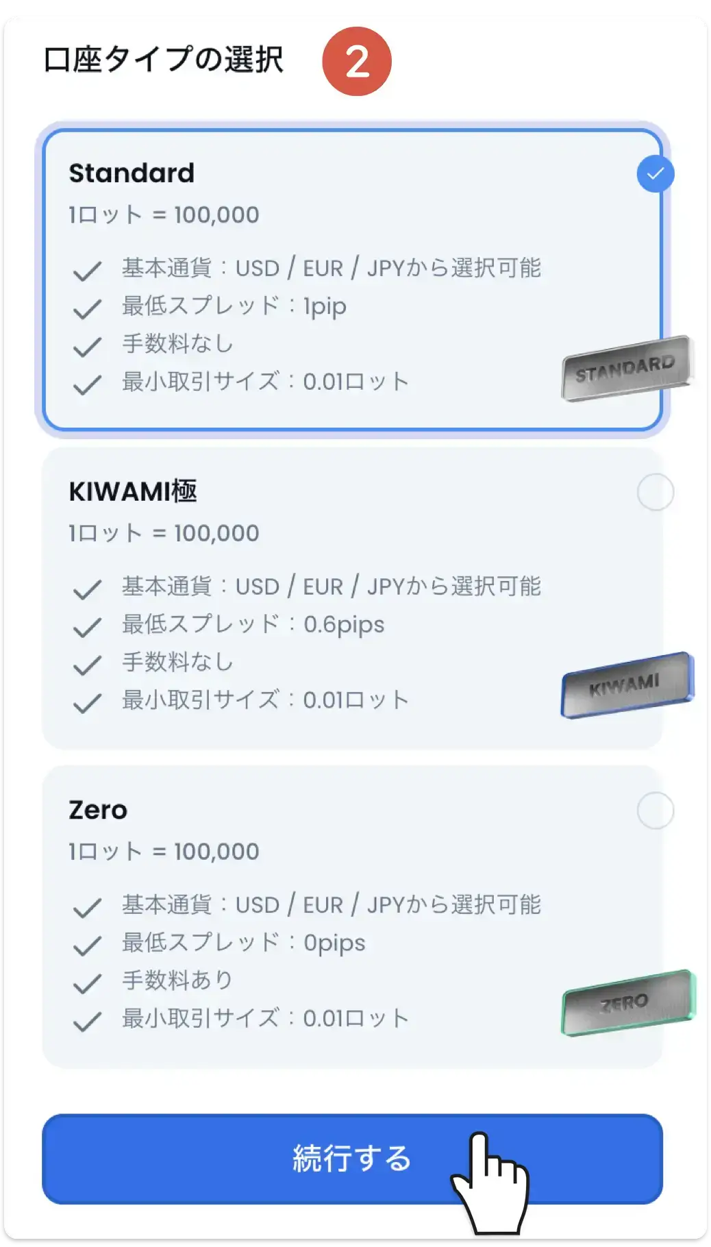 デモ口座の口座タイプをスタンダード・KIWAMI極・ゼロから選ぶ画面