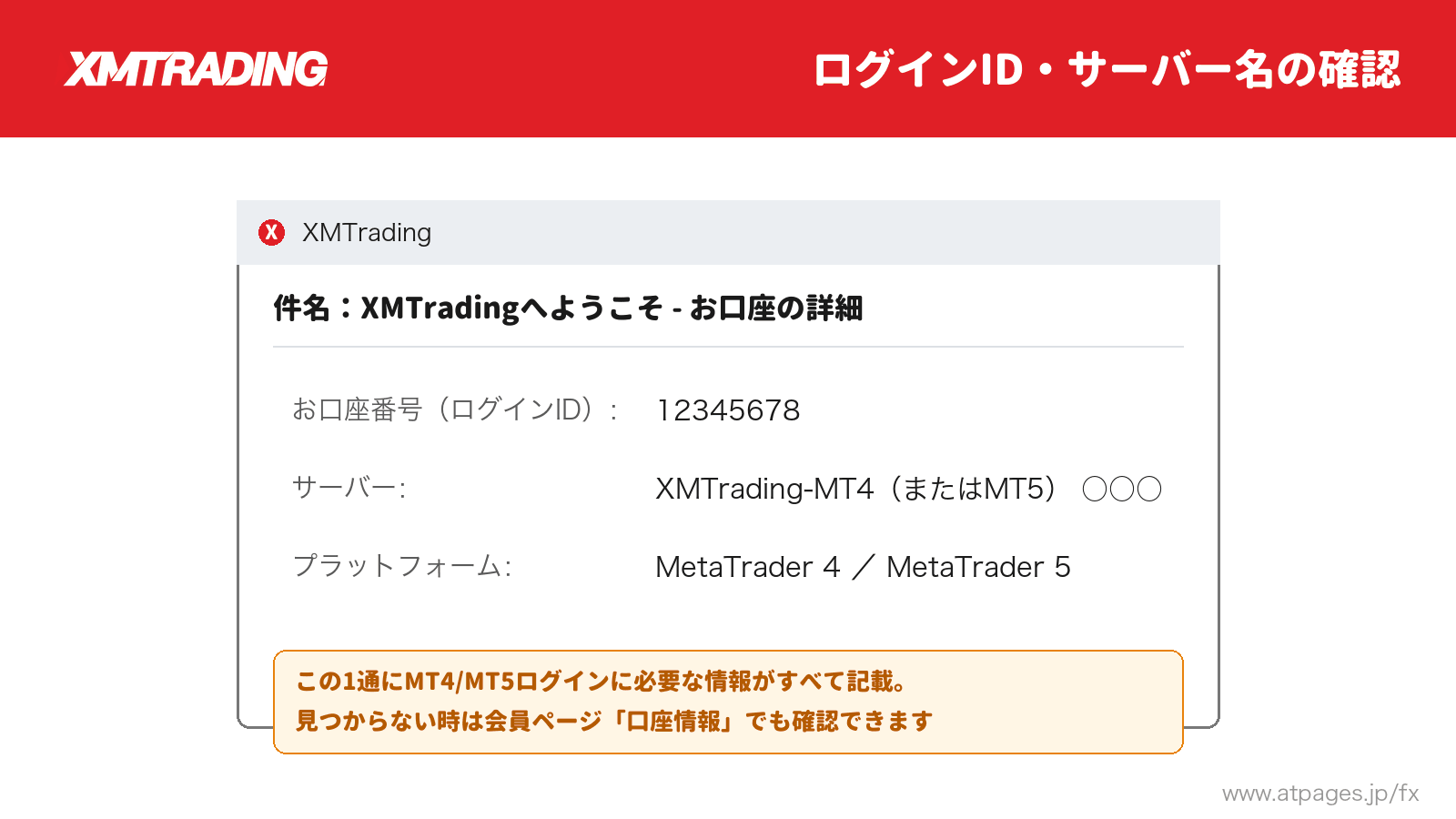 「XMTradingへようこそ - お口座の詳細」メールでログインID・サーバー名を確認