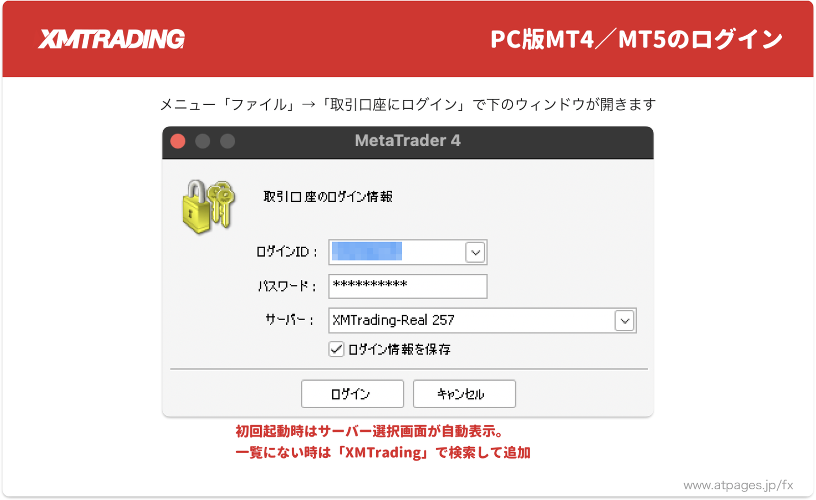 PC版MT4「取引口座にログイン」画面：ログインID・パスワード・サーバーを入力