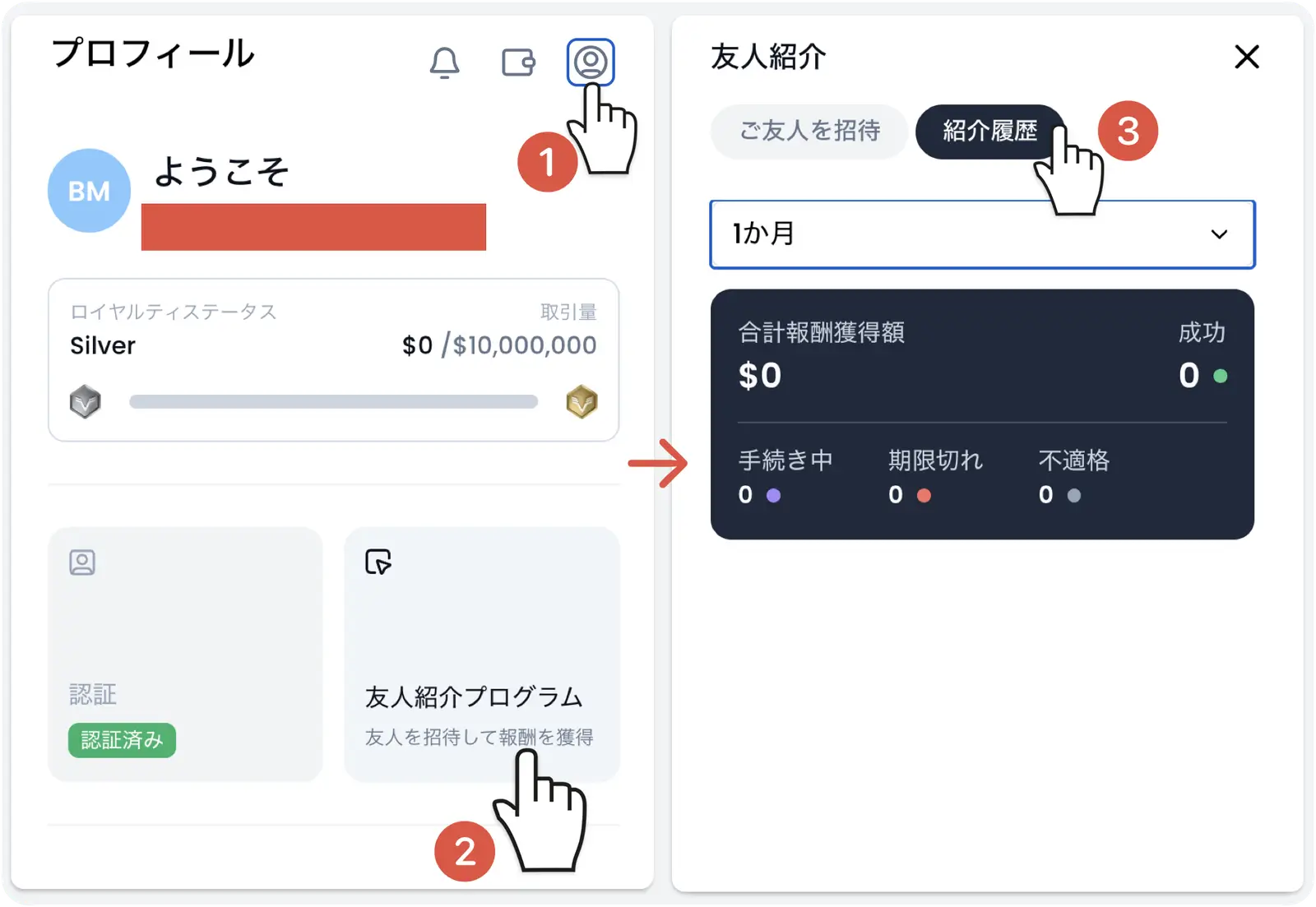 XM友人紹介の紹介履歴と報酬管理ページ