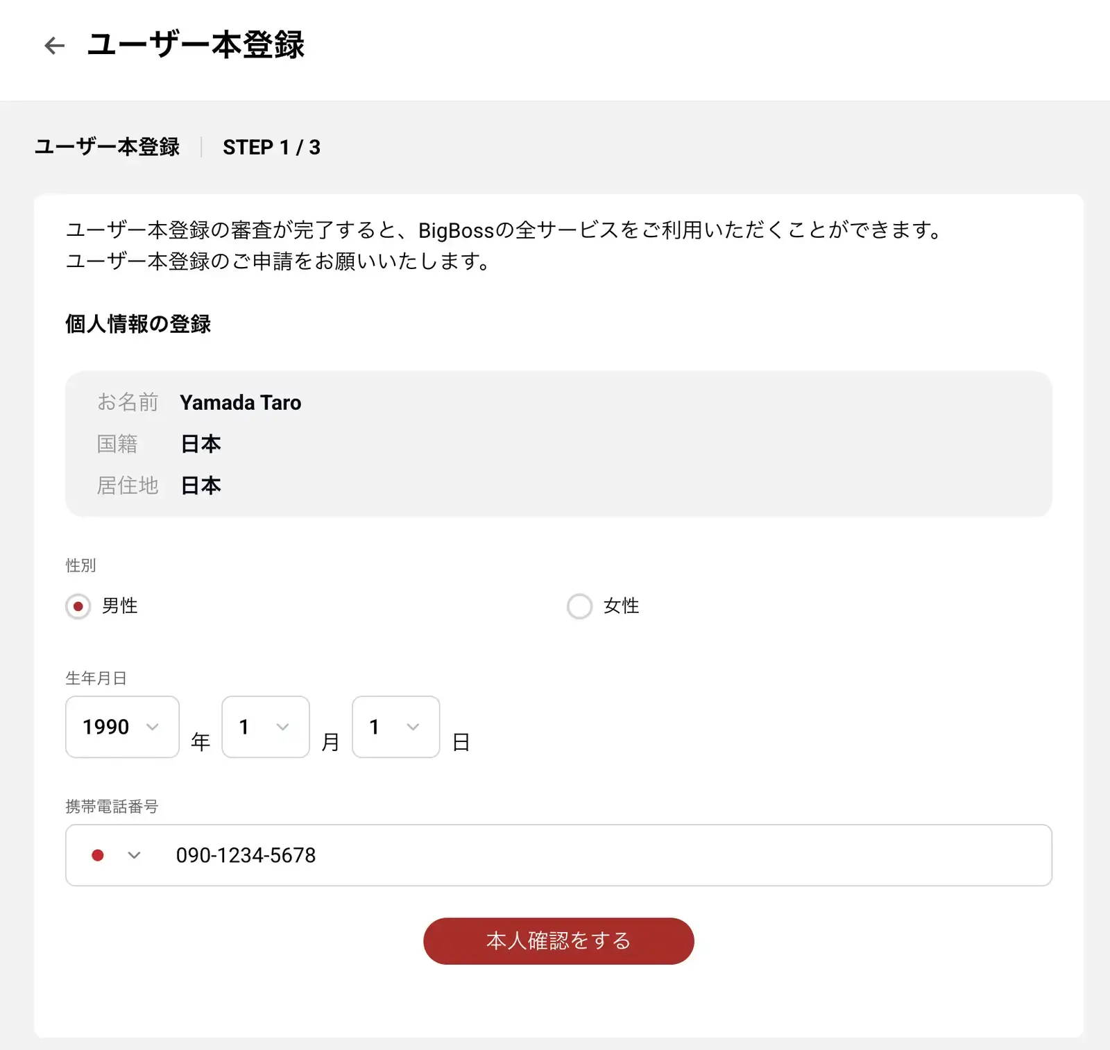 BigBoss eKYCの個人情報入力