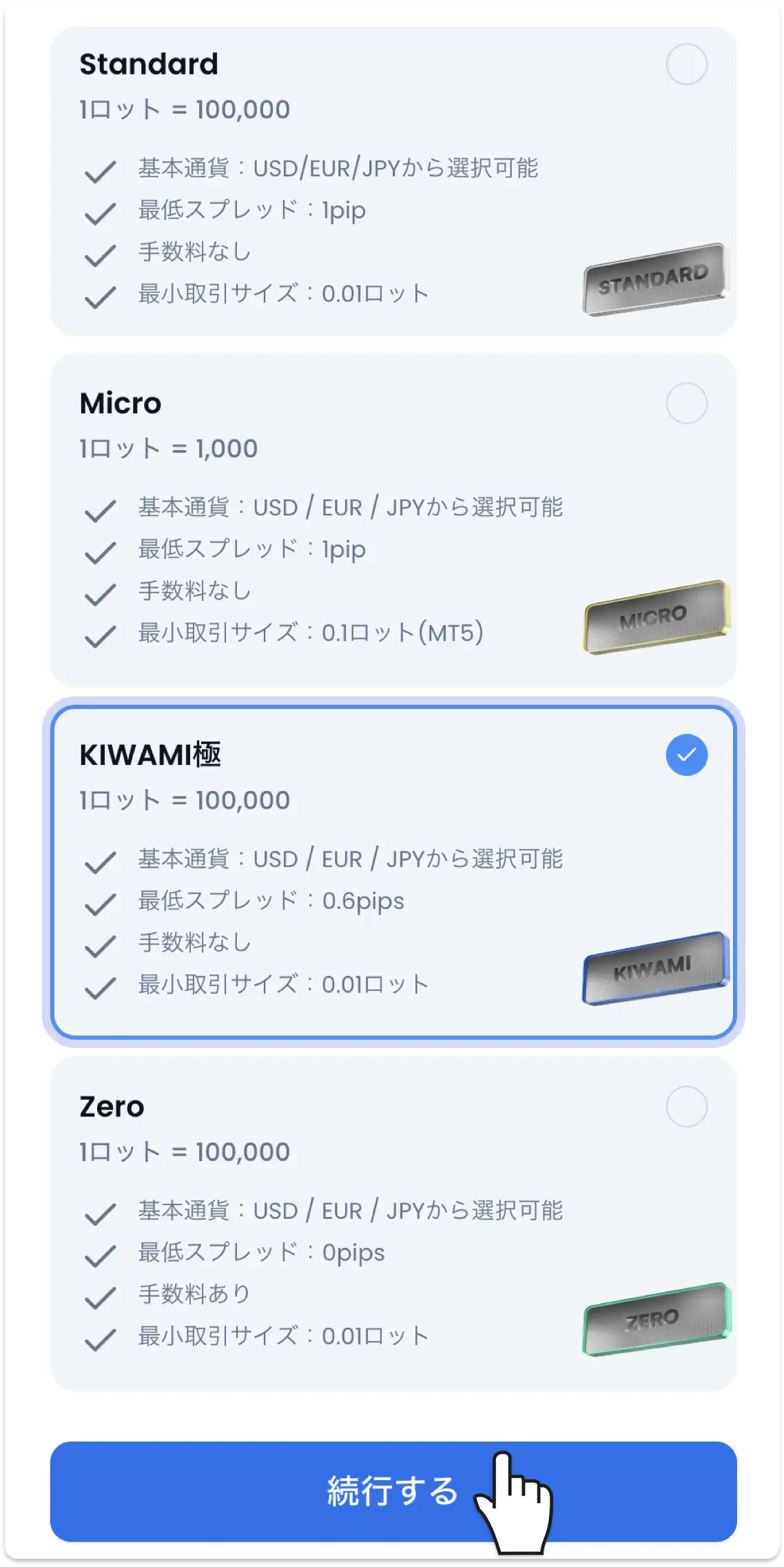 XMの口座タイプ選択画面。Standard・Micro＝最低スプレッド1pip、KIWAMI極＝0.6pips、Zero＝0pips（手数料あり）と表示されている