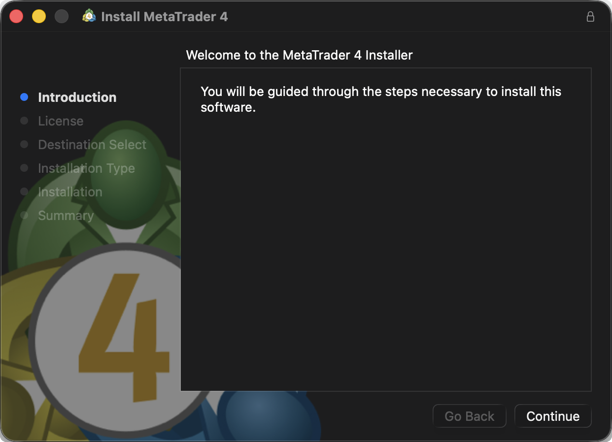 Mac版MT4のインストーラー画面。「続ける（Continue）」で進める