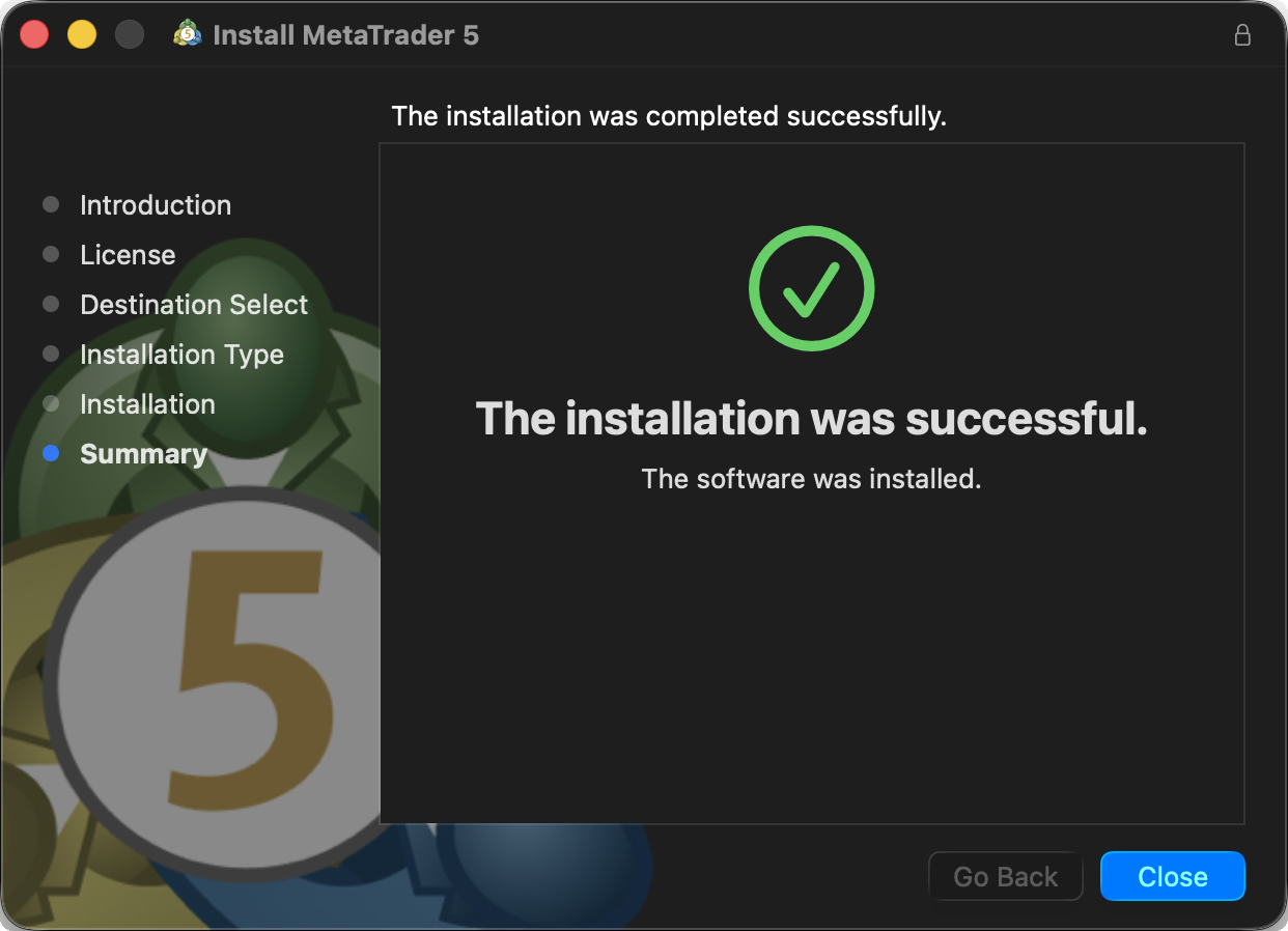 Mac版MT5のインストール完了画面。完了するとMT5が起動する