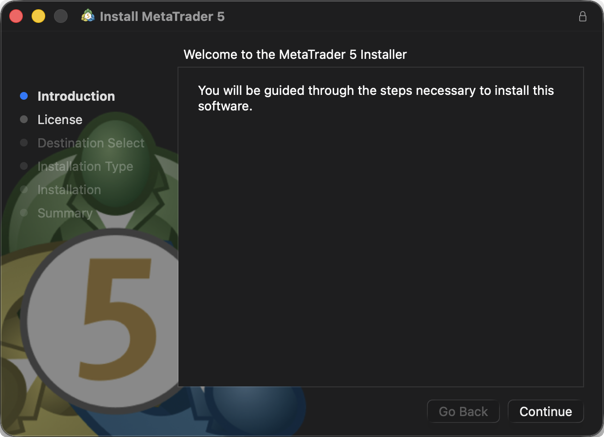 Mac版MT5のインストーラー画面。「続ける（Continue）」で進める