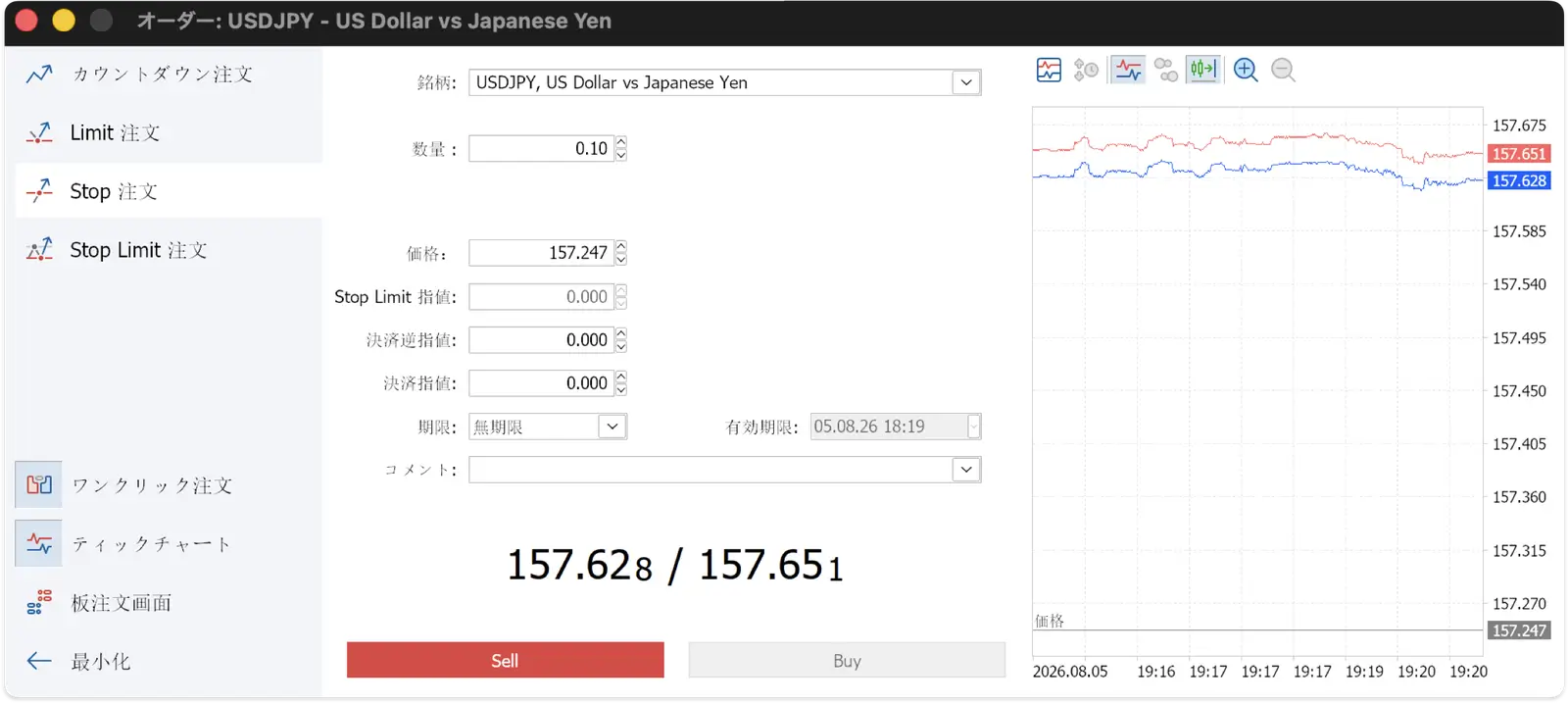 PC版MT5のStop注文（逆指値）画面