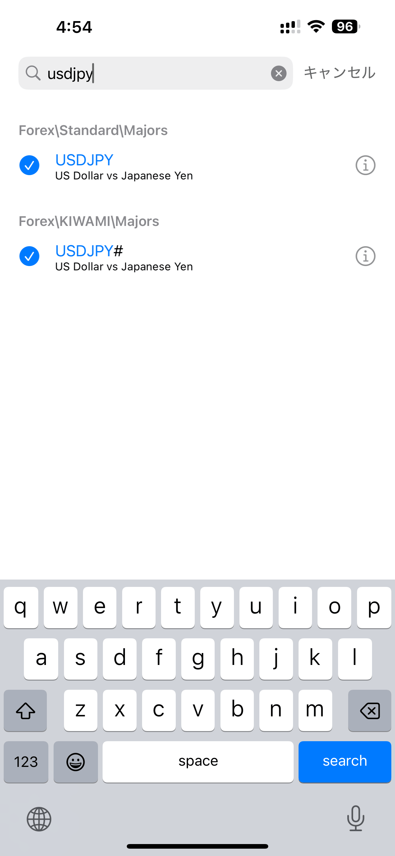 MT5アプリでUSDJPYを検索し、自分の口座タイプのシンボルを気配値に追加する画面