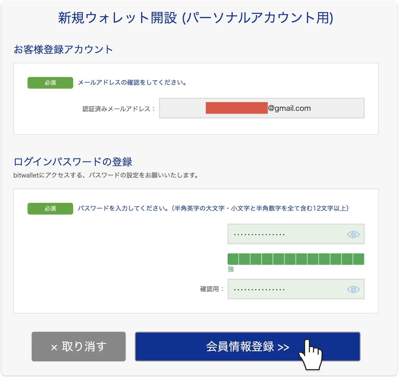 bitwalletのログインパスワード設定画面