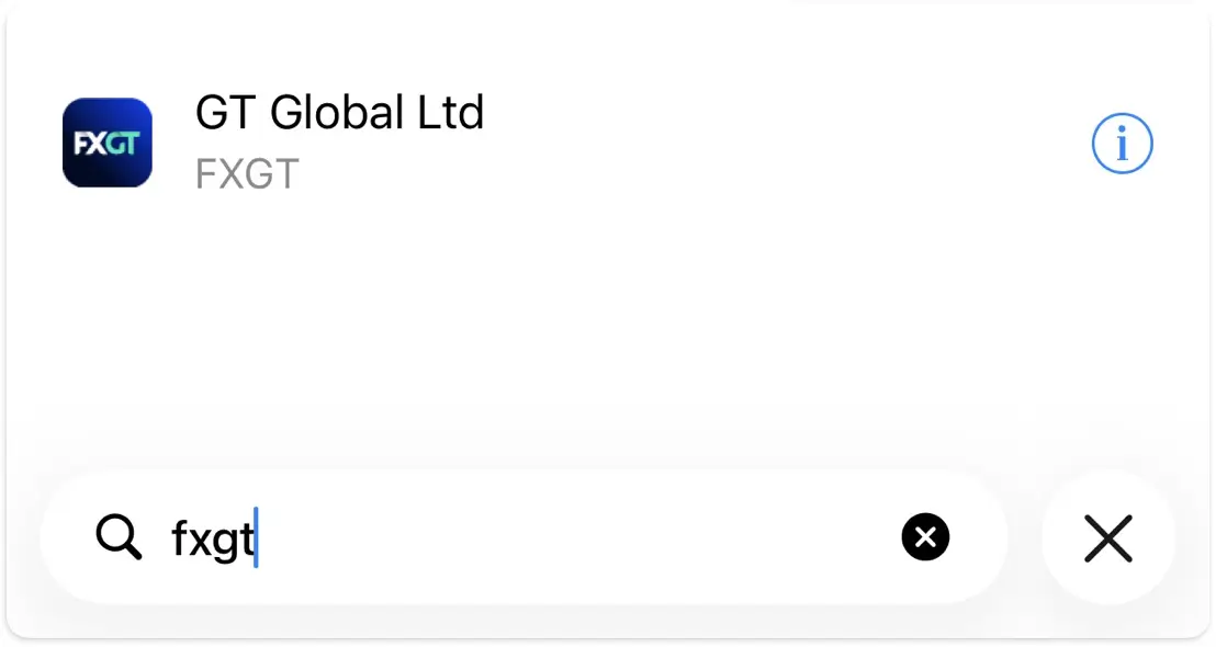 MT5アプリの証券会社検索でfxgtと入力しGT Global Ltdを選択