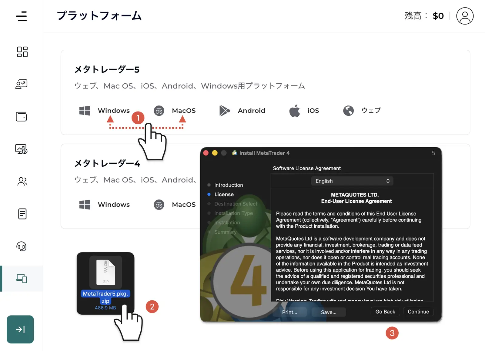 FXGTマイページのプラットフォーム画面からMT4/MT5をダウンロード